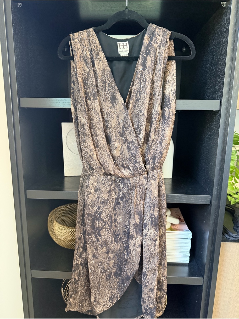 Haute Hippie Silk Snake Print Black & Brown Wrap Dress Size Small